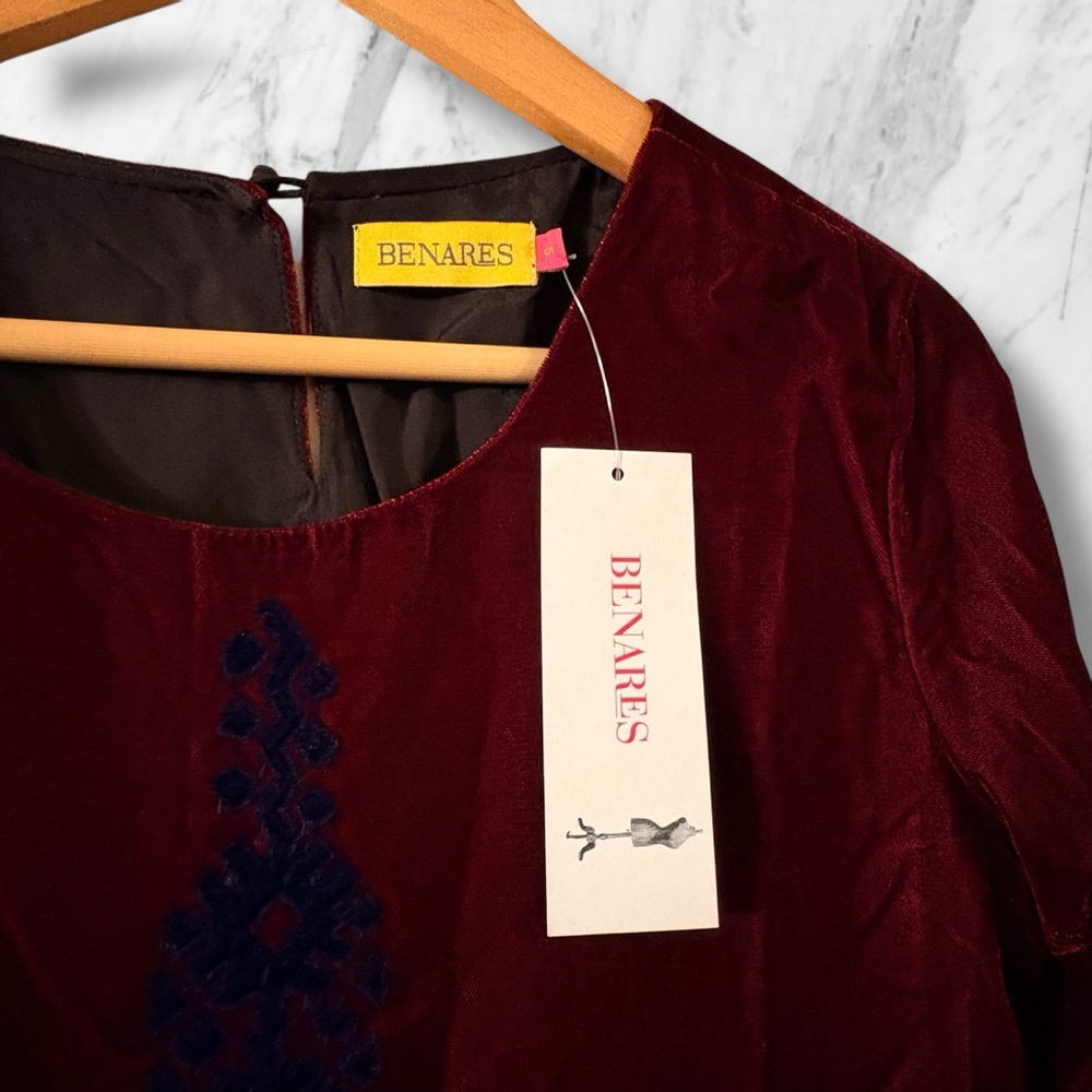 Elegant Benares Burgundy & Blue Women's Top Small Long Sleeves Decorative - Picture 3 of 7